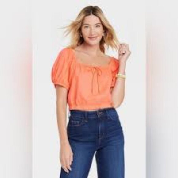 Universal Thread Tops - Universal Thread Orange Puff Sleeve Square Neck Peasant Top S